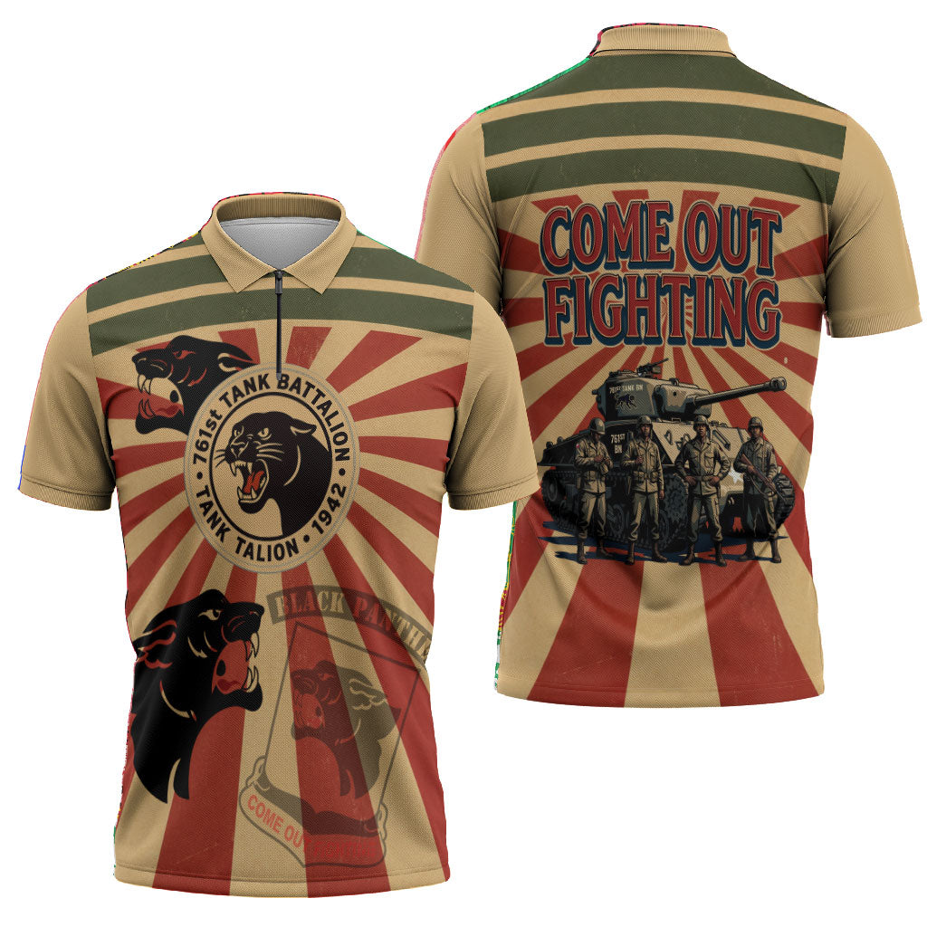 Black Panthers 761st Tank Battalion Zipper Polo Shirt Come Out Fighting Retro Military
