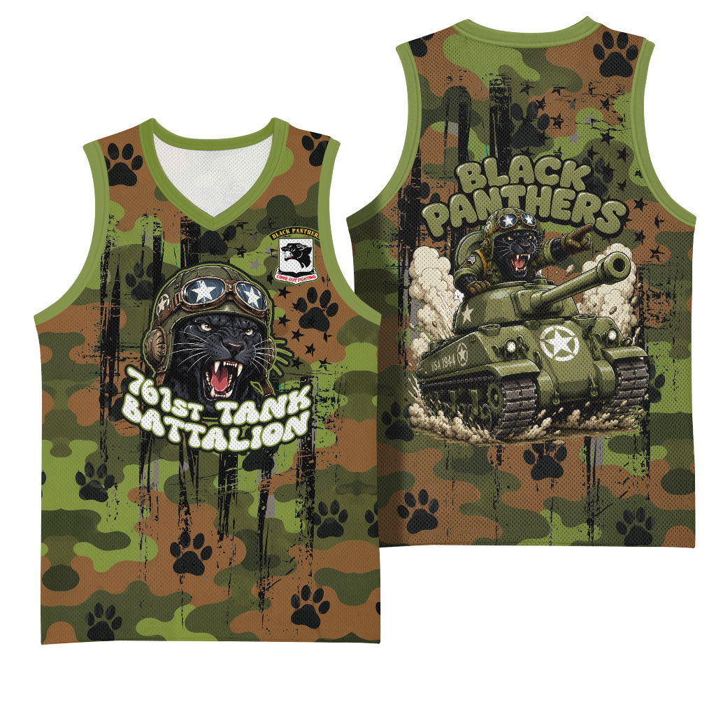 761st Tank Battalion African American Basketball Jersey Black Panthers Cartoon Mascot - Military History Camouflage Paw