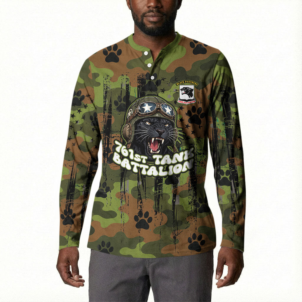 761st Tank Battalion African American Button Sweatshirt Black Panthers Cartoon Mascot - Military History Camouflage Paw