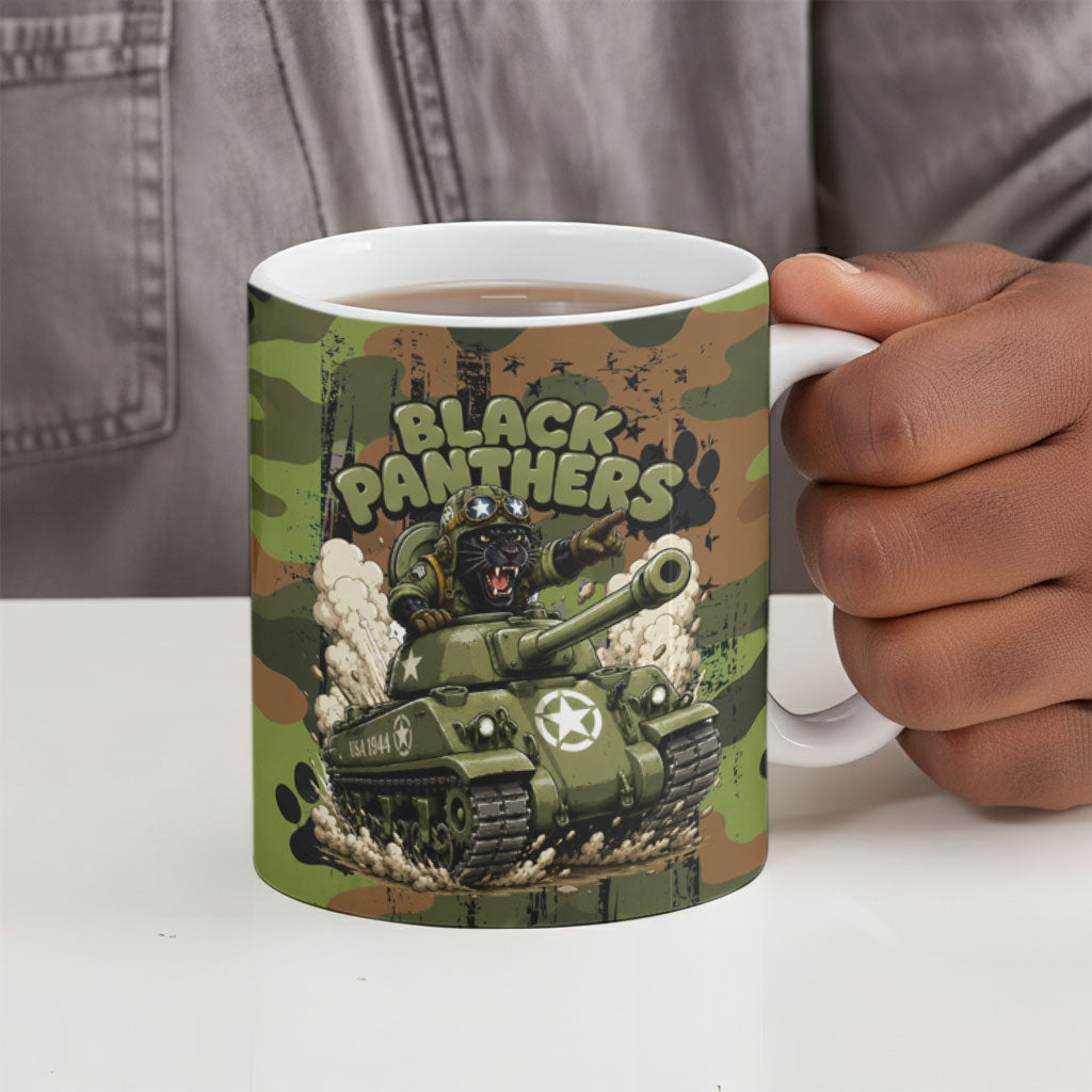761st Tank Battalion African American Ceramic Mug Black Panthers Cartoon Mascot - Military History Camouflage Paw