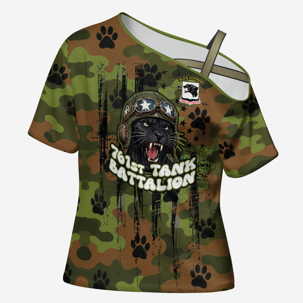 761st Tank Battalion African American Cross Shoulder Shirt Black Panthers Cartoon Mascot - Military History Camouflage Paw
