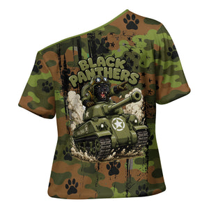 761st Tank Battalion African American Cross Shoulder Shirt Black Panthers Cartoon Mascot - Military History Camouflage Paw