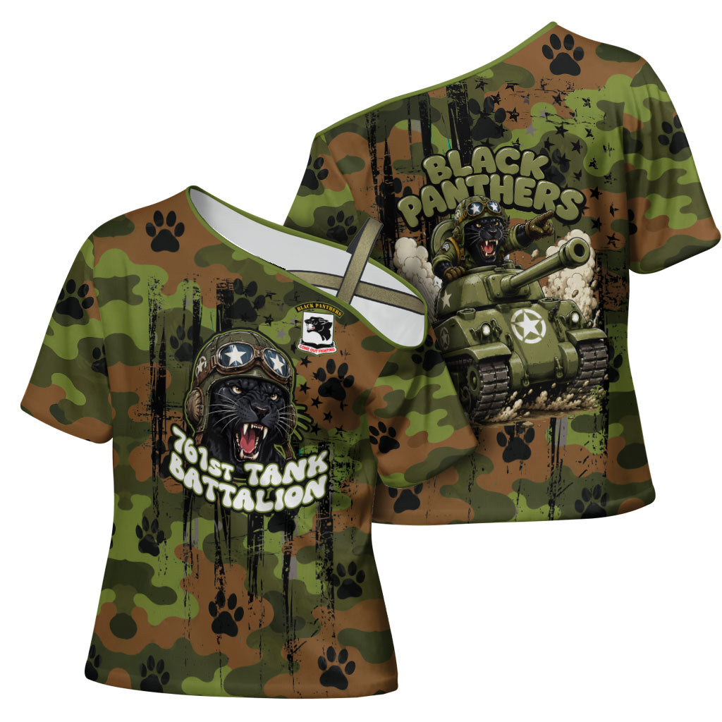 761st Tank Battalion African American Cross Shoulder Shirt Black Panthers Cartoon Mascot - Military History Camouflage Paw