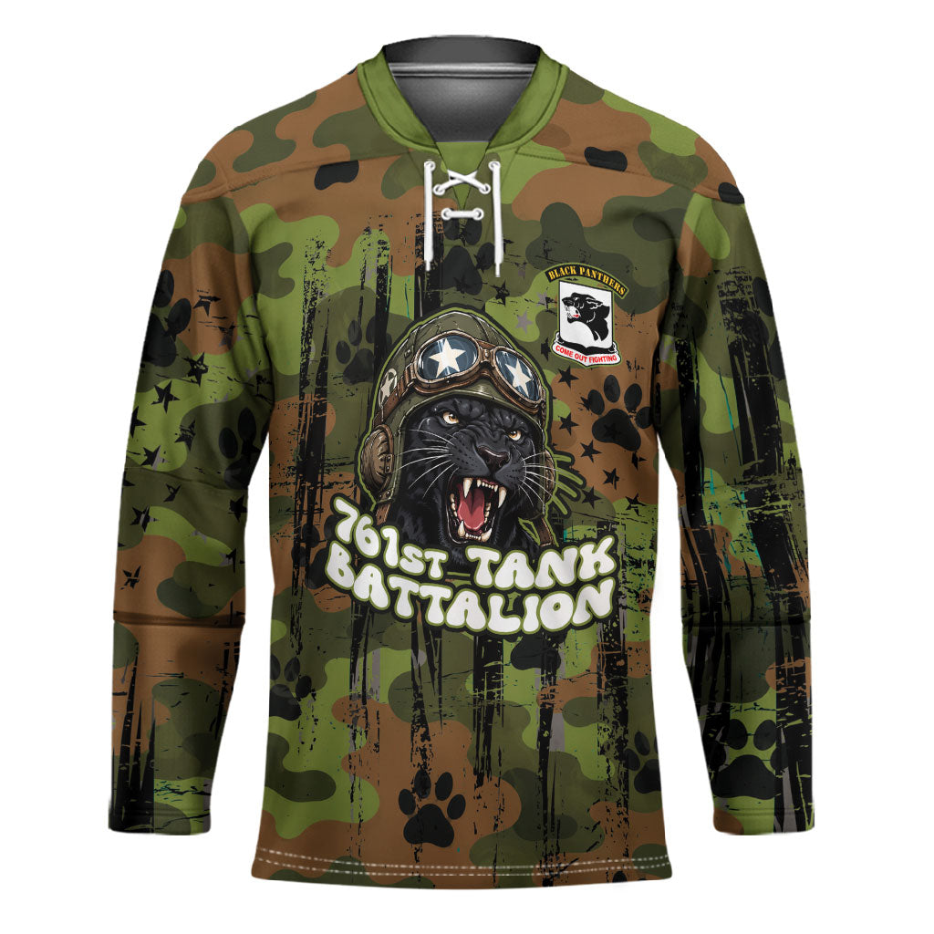761st Tank Battalion African American Hockey Jersey Black Panthers Cartoon Mascot - Military History Camouflage Paw