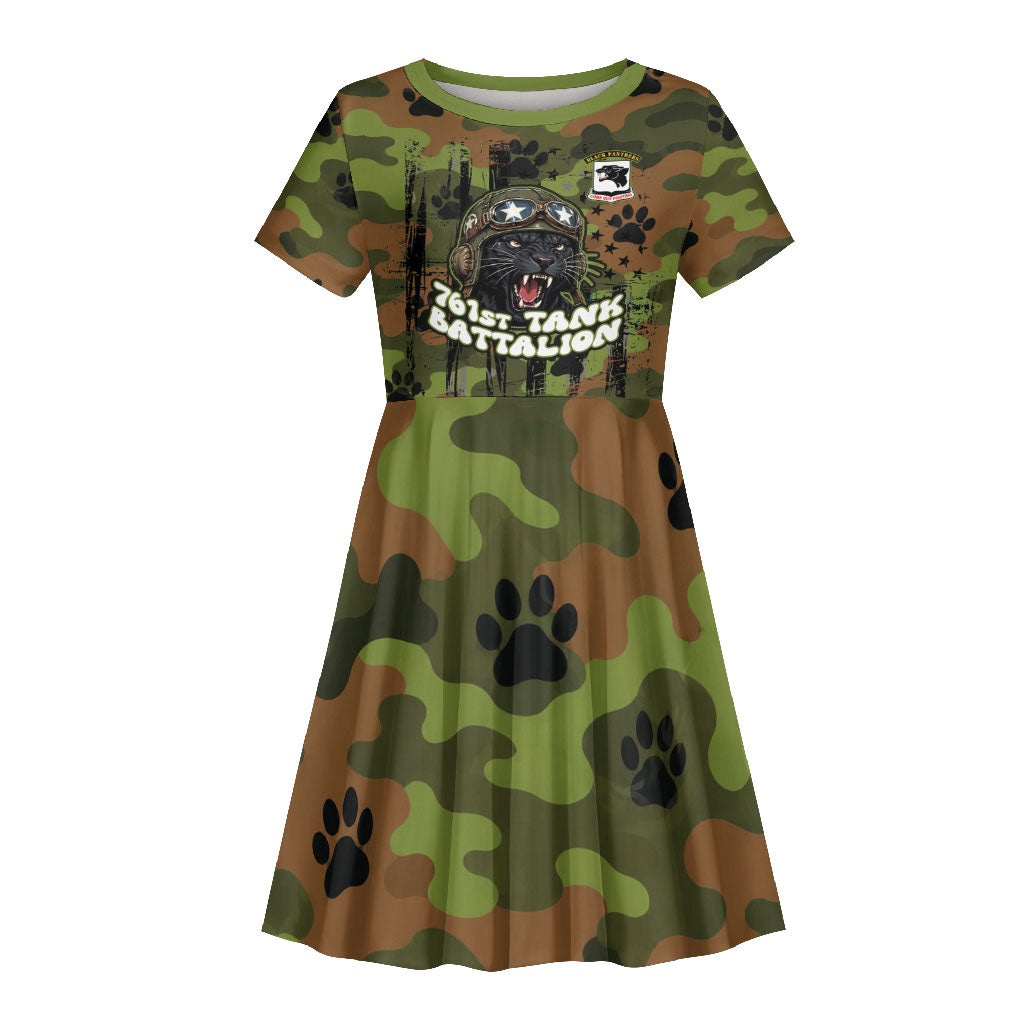 761st Tank Battalion African American Kid Short Sleeve Dress Black Panthers Cartoon Mascot - Military History Camouflage Paw
