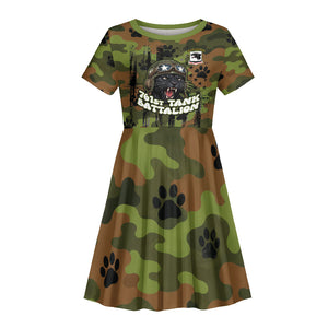 761st Tank Battalion African American Kid Short Sleeve Dress Black Panthers Cartoon Mascot - Military History Camouflage Paw