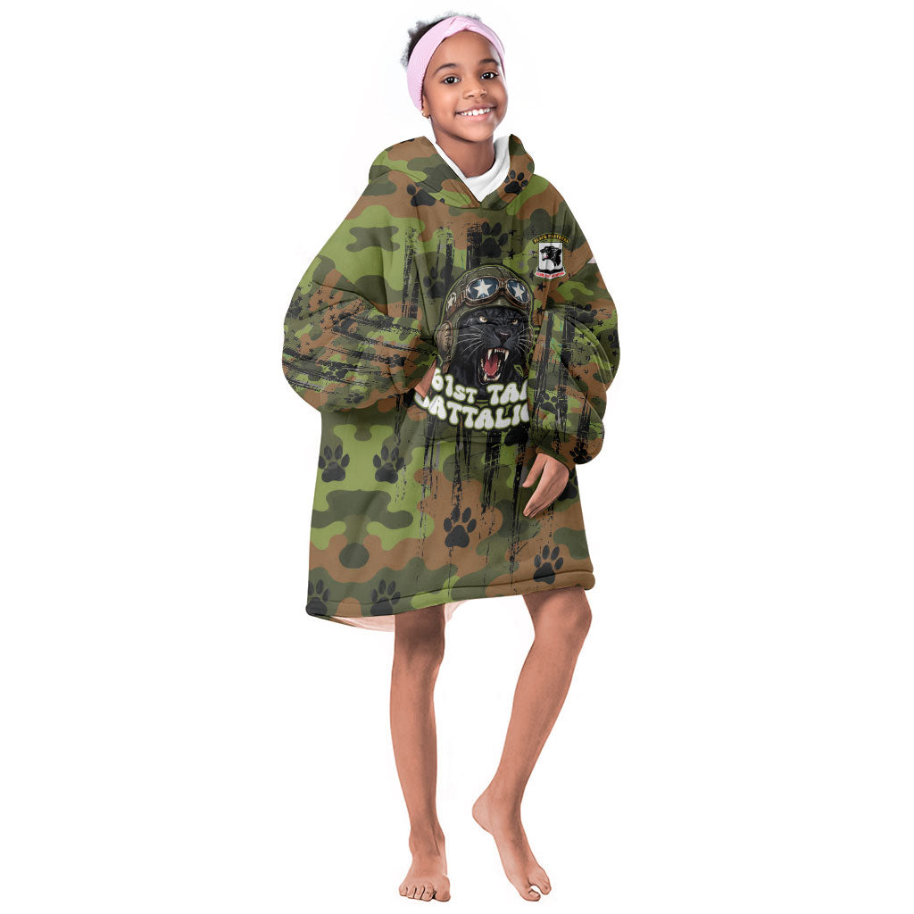 761st Tank Battalion African American Kid Wearable Blanket Hoodie Black Panthers Cartoon Mascot - Military History Camouflage Paw