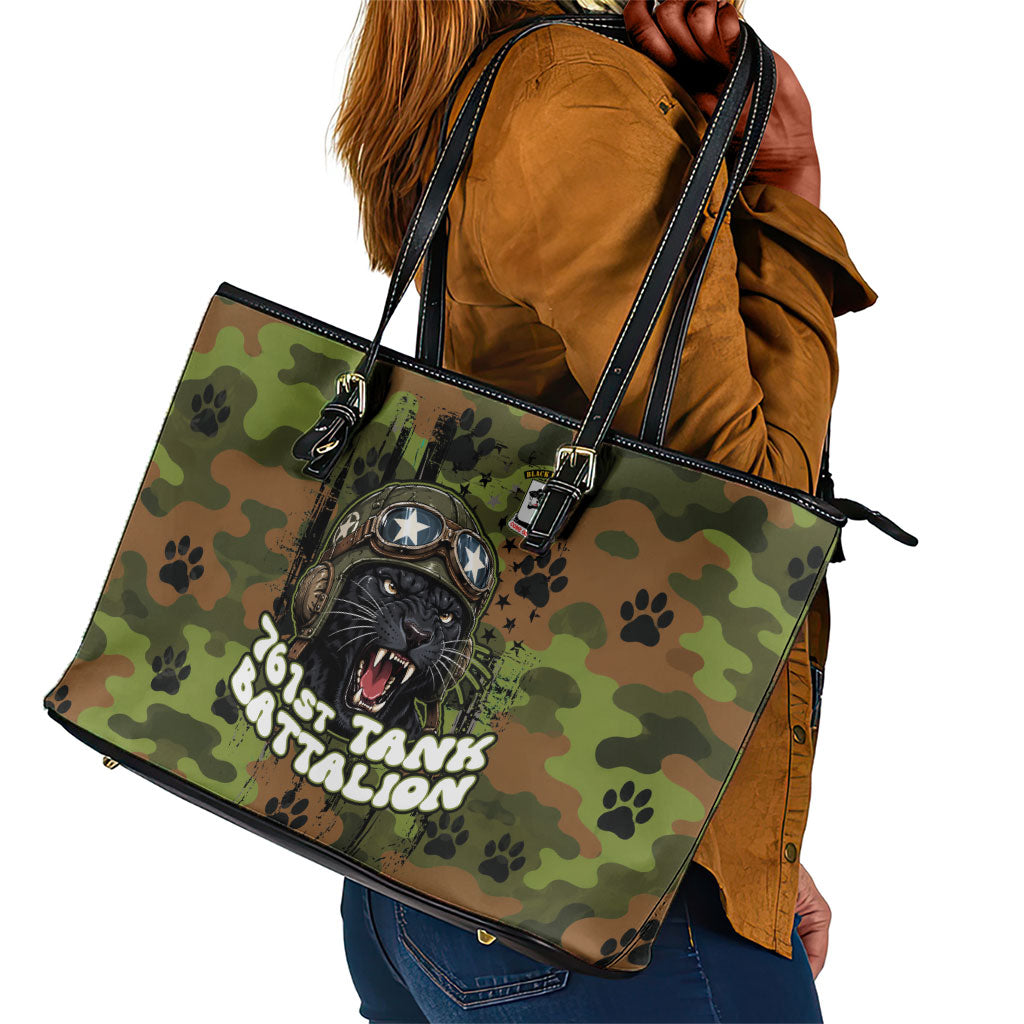 761st Tank Battalion African American Leather Tote Bag Black Panthers Cartoon Mascot - Military History Camouflage Paw
