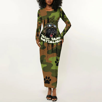 761st Tank Battalion African American Long Sleeve Bodycon Dress Black Panthers Cartoon Mascot - Military History Camouflage Paw