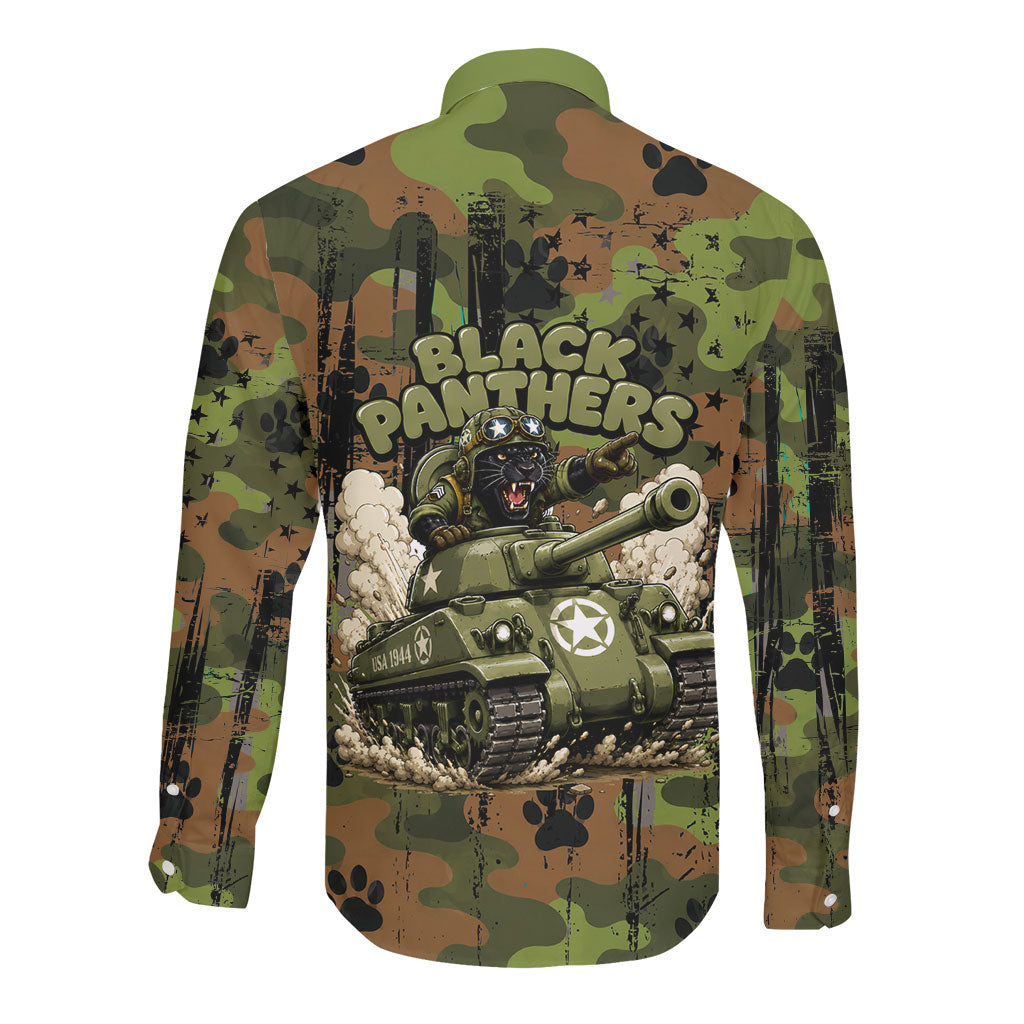 761st Tank Battalion African American Long Sleeve Button Shirt Black Panthers Cartoon Mascot - Military History Camouflage Paw