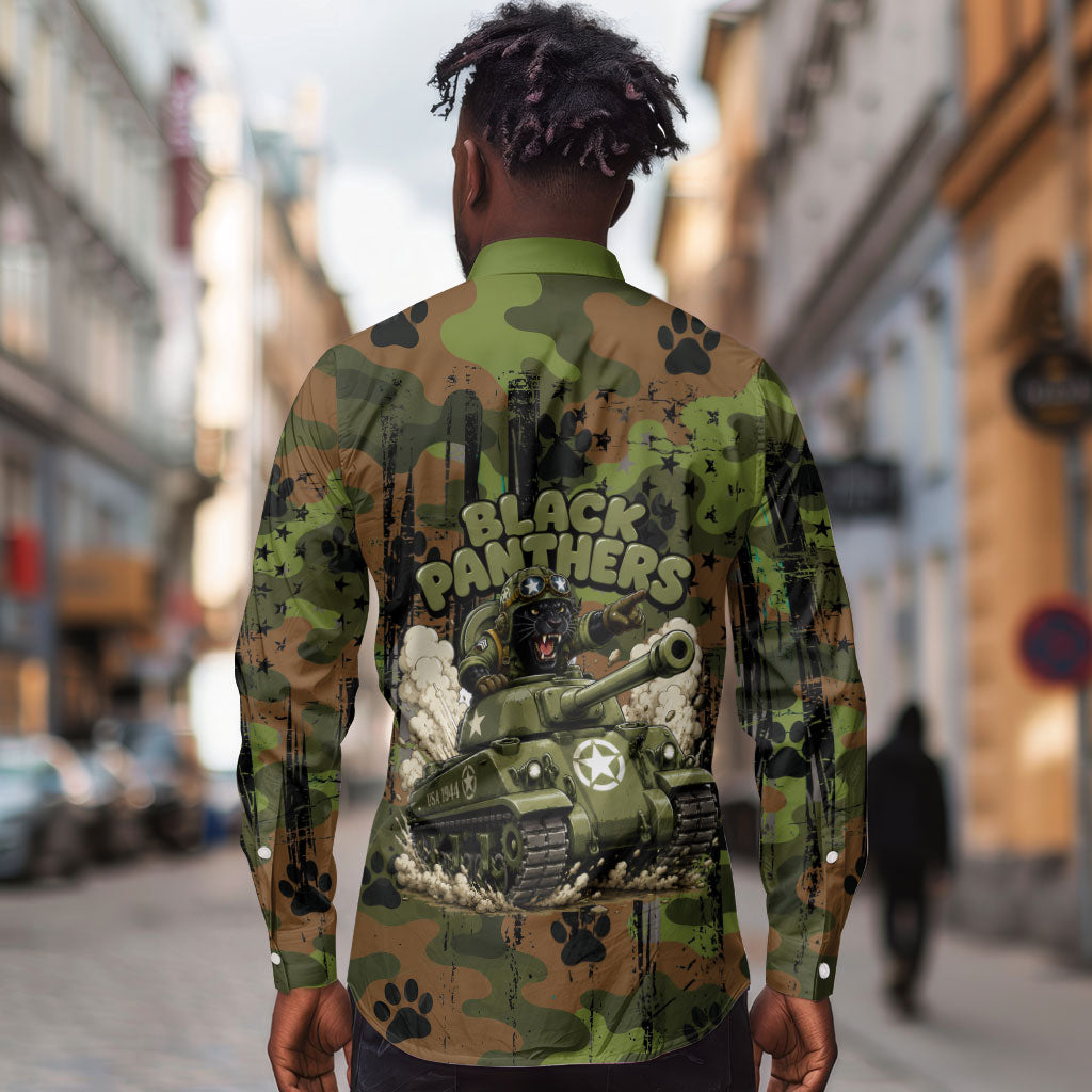 761st Tank Battalion African American Long Sleeve Button Shirt Black Panthers Cartoon Mascot - Military History Camouflage Paw
