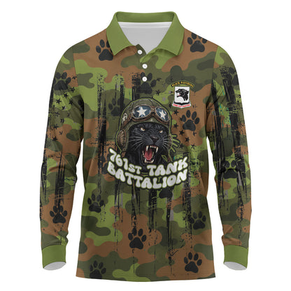 761st Tank Battalion African American Long Sleeve Polo Shirt Black Panthers Cartoon Mascot - Military History Camouflage Paw