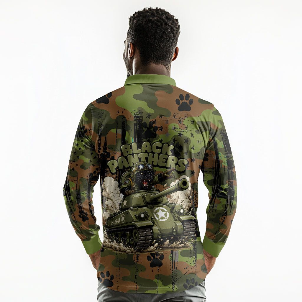 761st Tank Battalion African American Long Sleeve Polo Shirt Black Panthers Cartoon Mascot - Military History Camouflage Paw