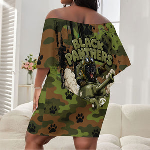 761st Tank Battalion African American Off Shoulder Short Dress Black Panthers Cartoon Mascot - Military History Camouflage Paw