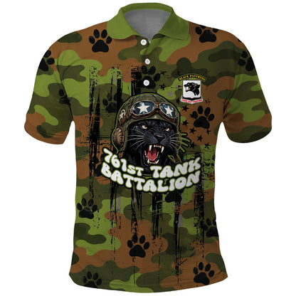 761st Tank Battalion African American Polo Shirt Black Panthers Cartoon Mascot - Military History Camouflage Paw