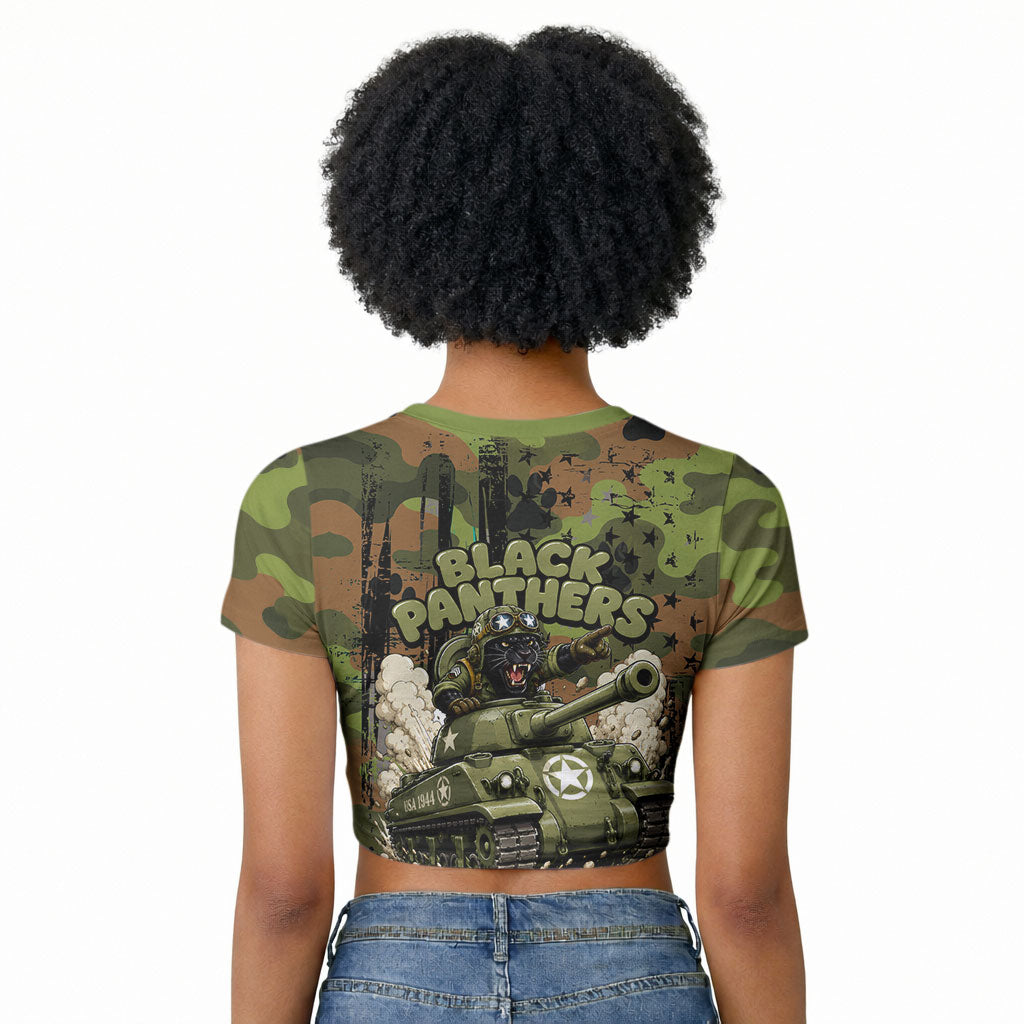 761st Tank Battalion African American Raglan Cropped T shirt Black Panthers Cartoon Mascot - Military History Camouflage Paw