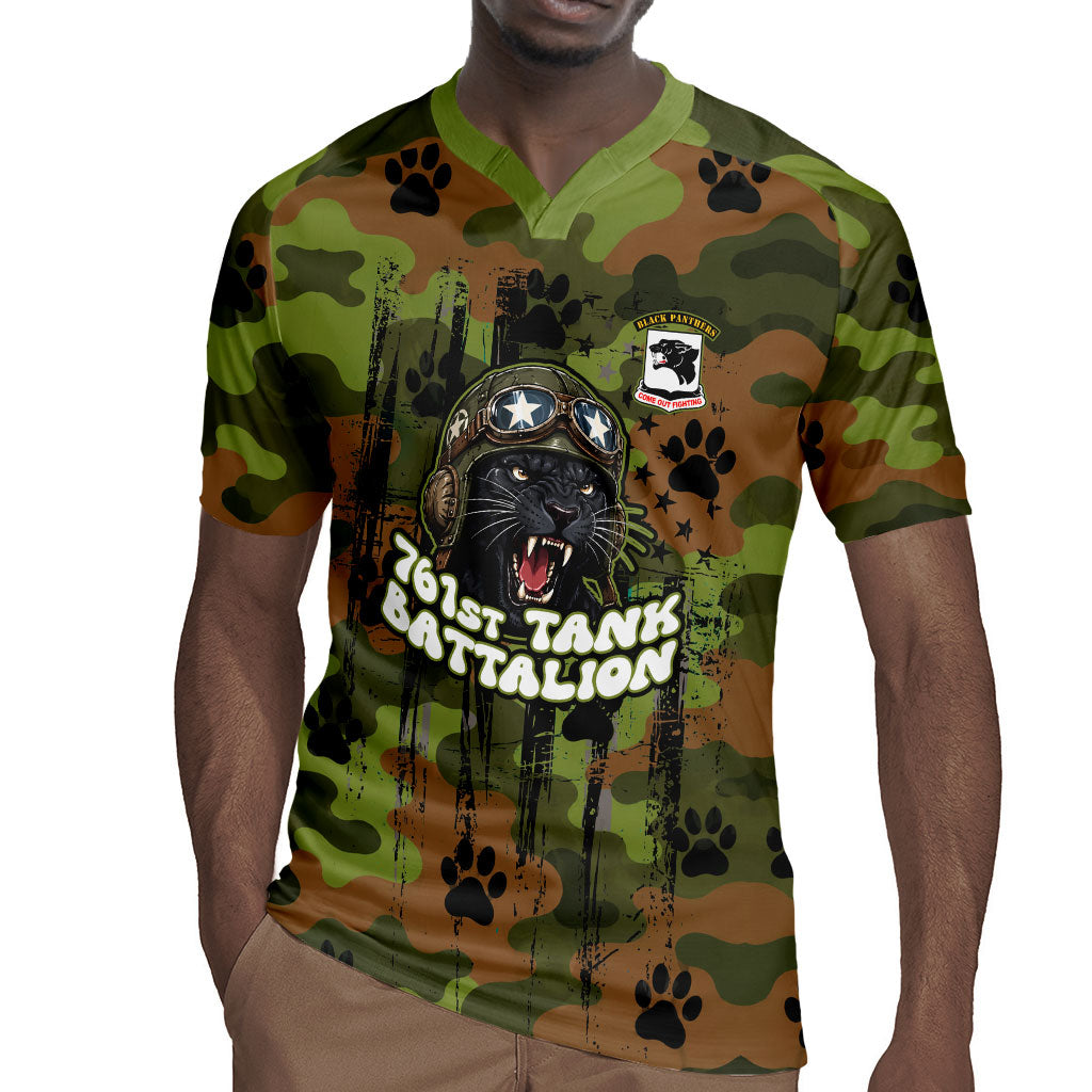 761st Tank Battalion African American Rugby Jersey Black Panthers Cartoon Mascot - Military History Camouflage Paw