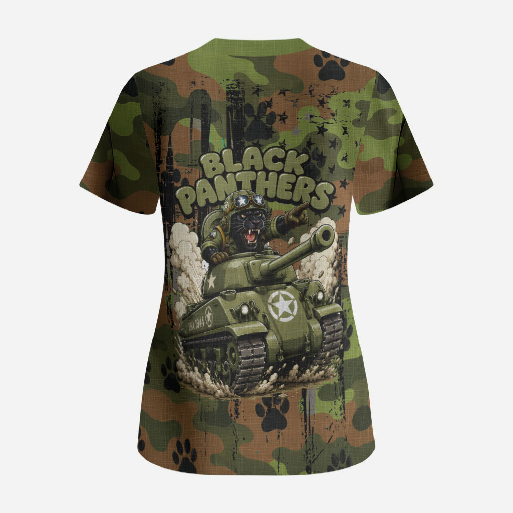 761st Tank Battalion African American Scrub Top Black Panthers Cartoon Mascot - Military History Camouflage Paw