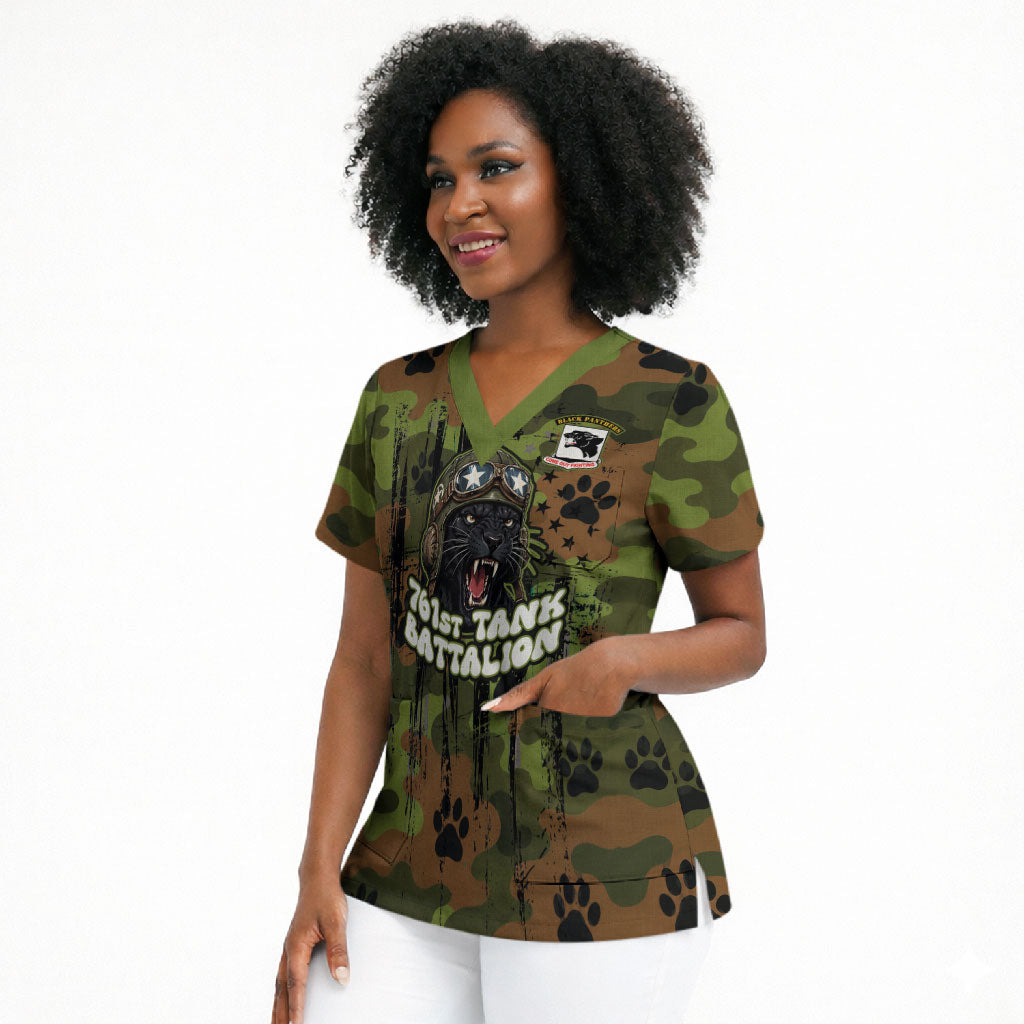 761st Tank Battalion African American Scrub Top Black Panthers Cartoon Mascot - Military History Camouflage Paw