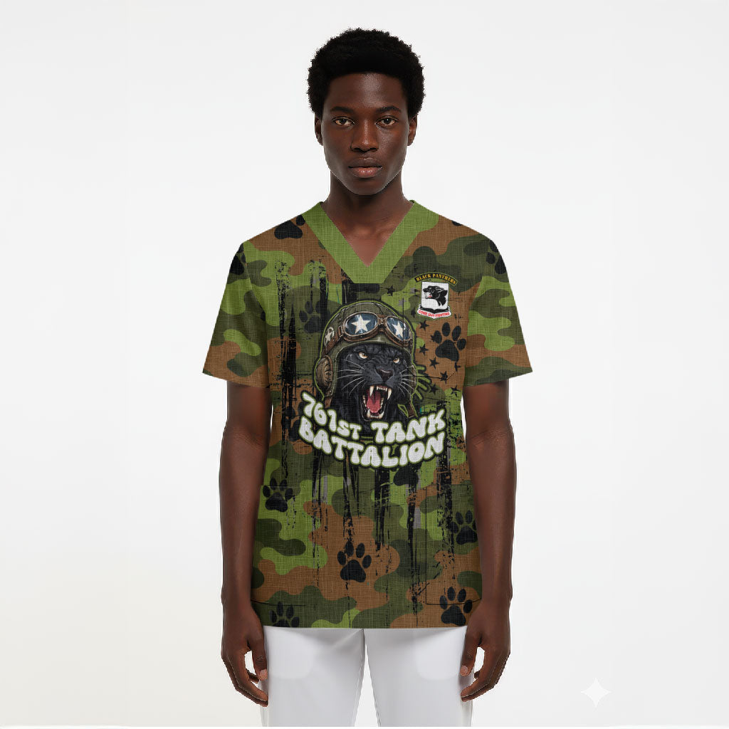 761st Tank Battalion African American Scrub Top Black Panthers Cartoon Mascot - Military History Camouflage Paw