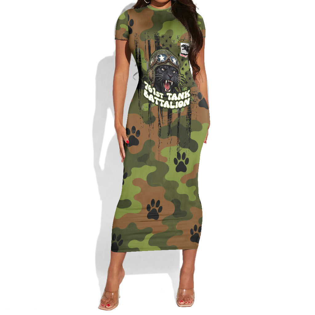 761st Tank Battalion African American Short Sleeve Bodycon Dress Black Panthers Cartoon Mascot - Military History Camouflage Paw