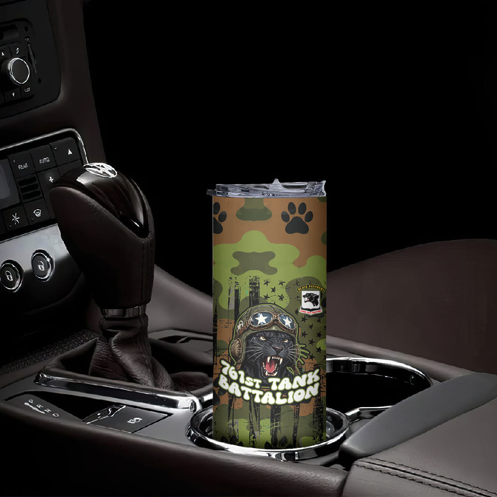 761st Tank Battalion African American Skinny Tumbler Black Panthers Cartoon Mascot - Military History Camouflage Paw