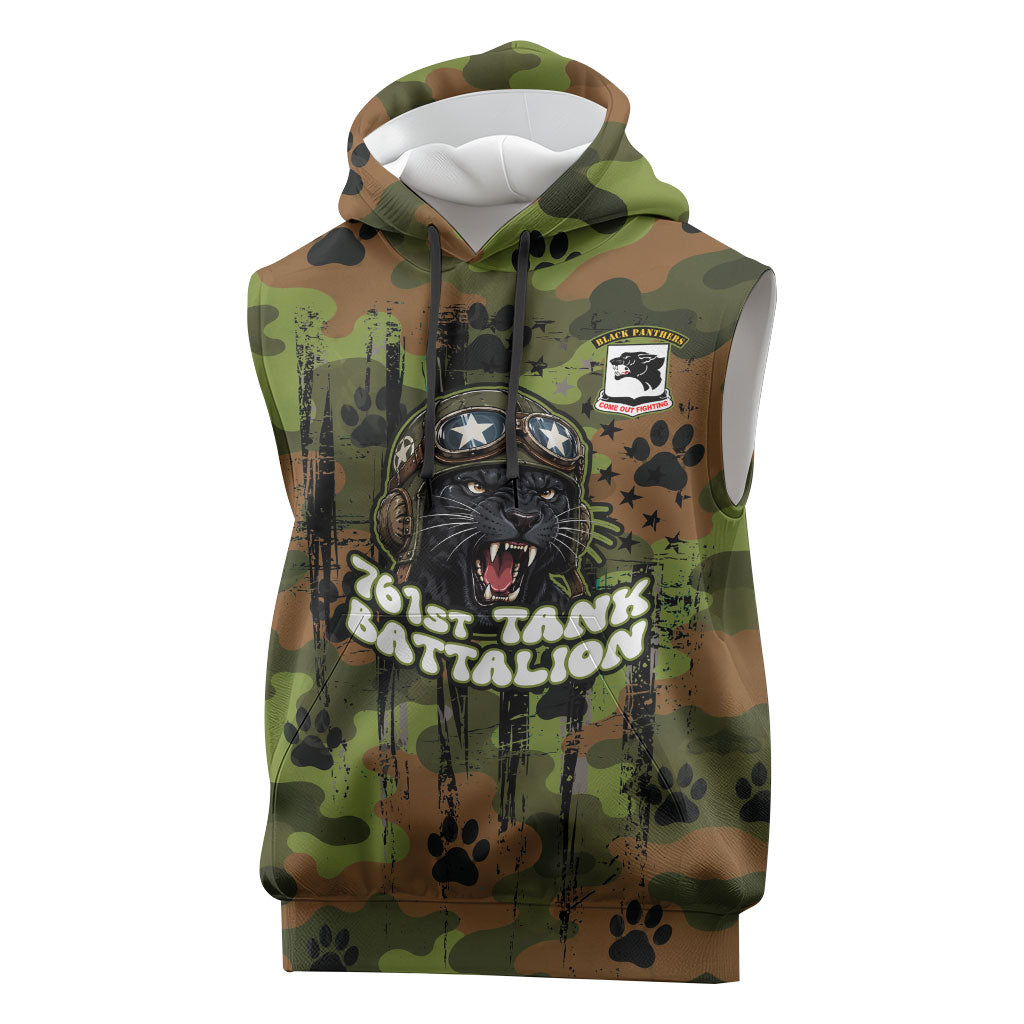 761st Tank Battalion African American Sleeveless Hoodie Black Panthers Cartoon Mascot - Military History Camouflage Paw