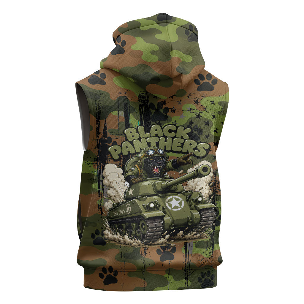 761st Tank Battalion African American Sleeveless Hoodie Black Panthers Cartoon Mascot - Military History Camouflage Paw