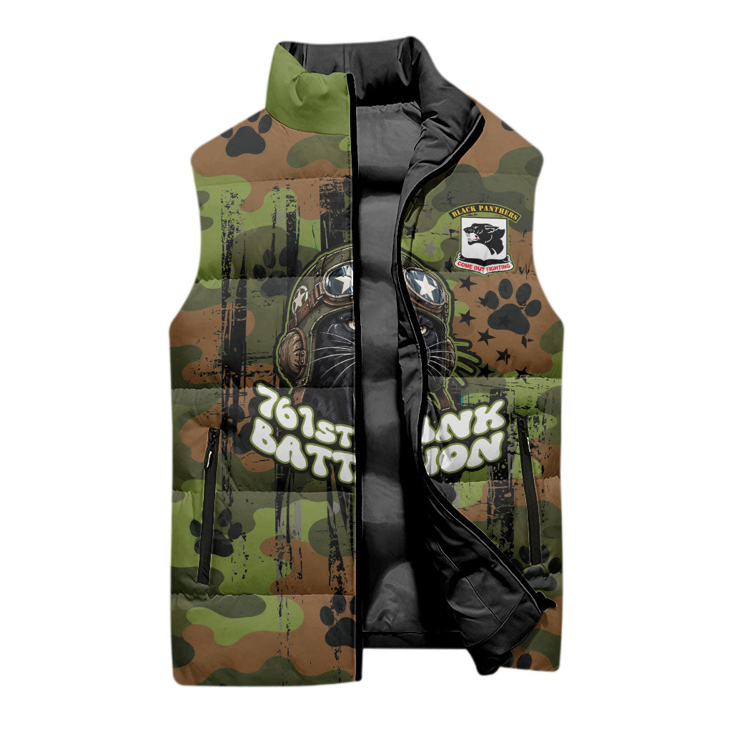 761st Tank Battalion African American Sleeveless Puffer Jacket Black Panthers Cartoon Mascot - Military History Camouflage Paw