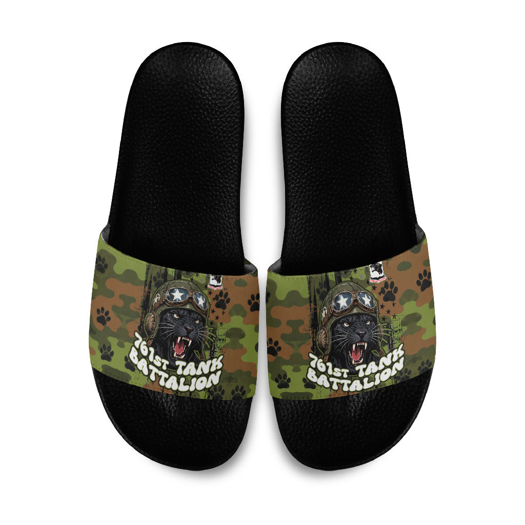 761st Tank Battalion African American Slide Sandals Black Panthers Cartoon Mascot - Military History Camouflage Paw