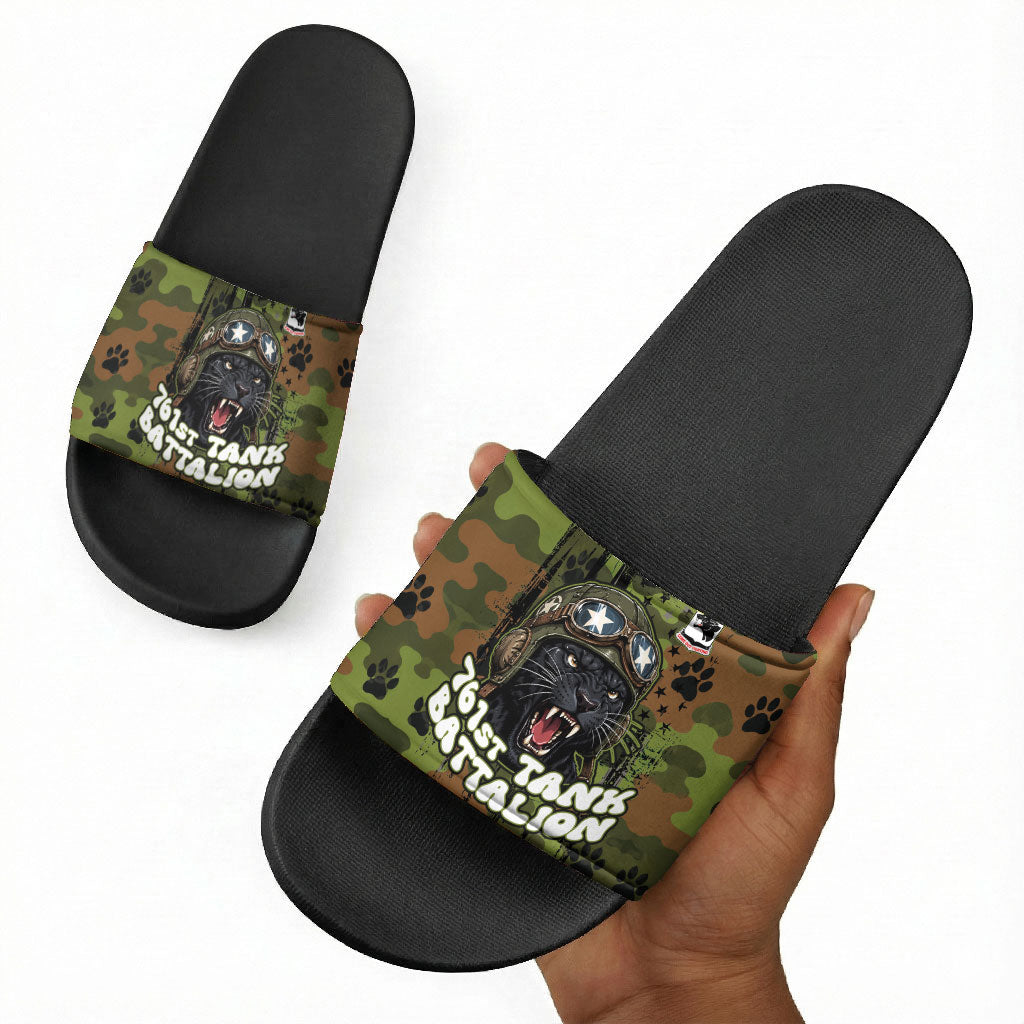 761st Tank Battalion African American Slide Sandals Black Panthers Cartoon Mascot - Military History Camouflage Paw