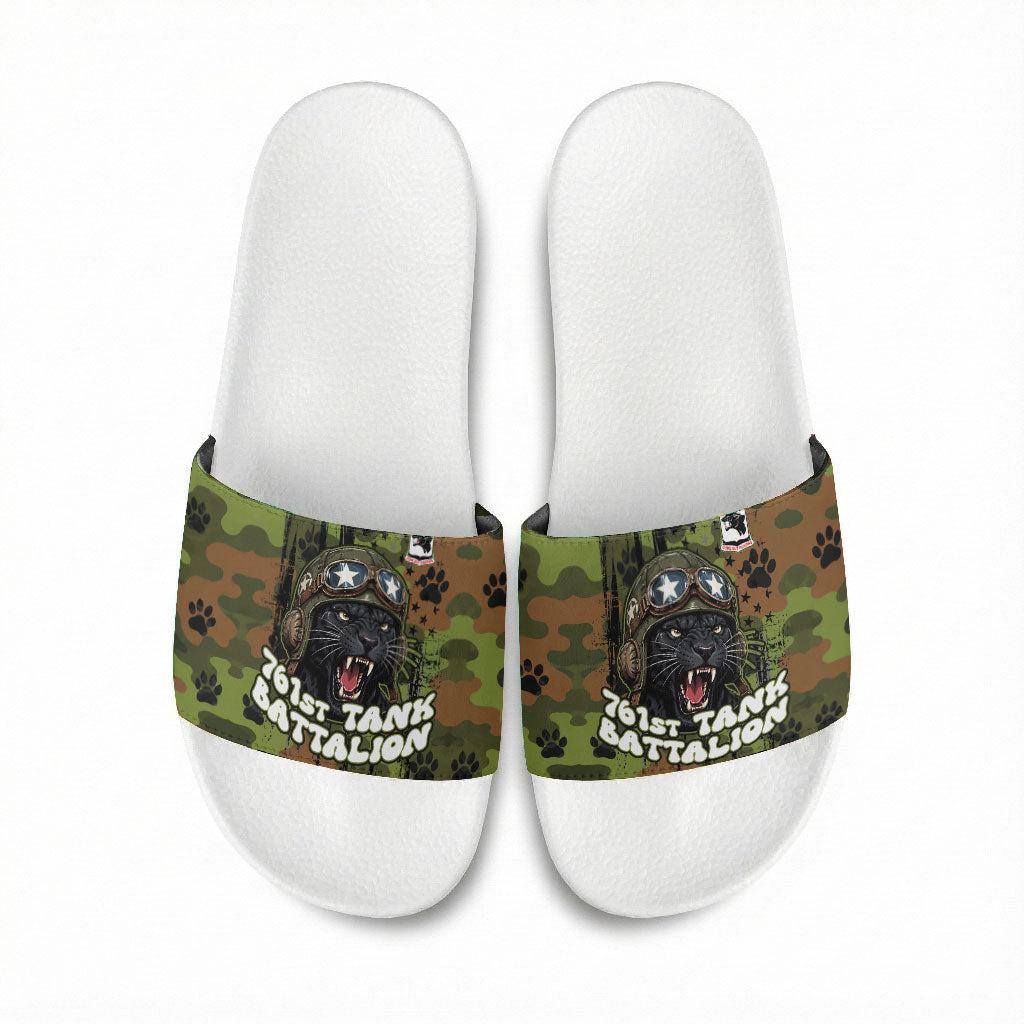 761st Tank Battalion African American Slide Sandals Black Panthers Cartoon Mascot - Military History Camouflage Paw