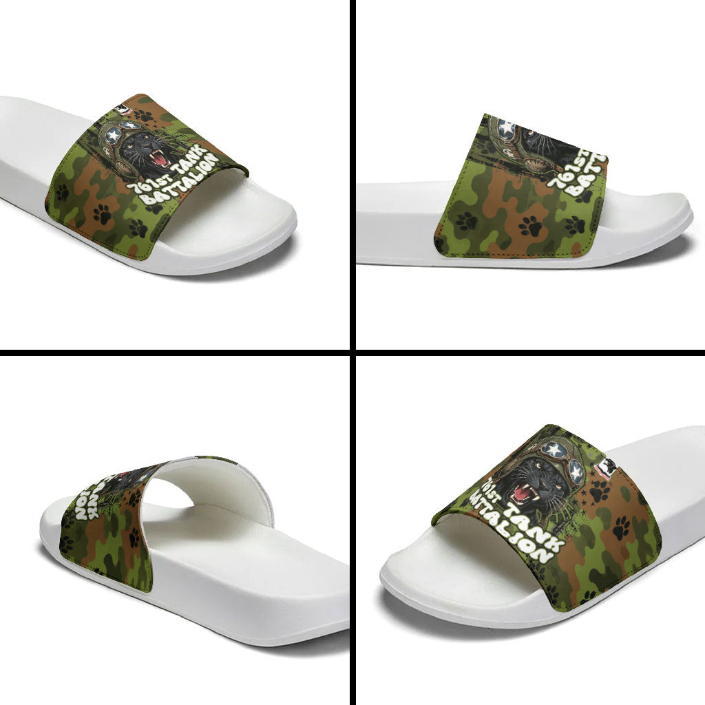 761st Tank Battalion African American Slide Sandals Black Panthers Cartoon Mascot - Military History Camouflage Paw