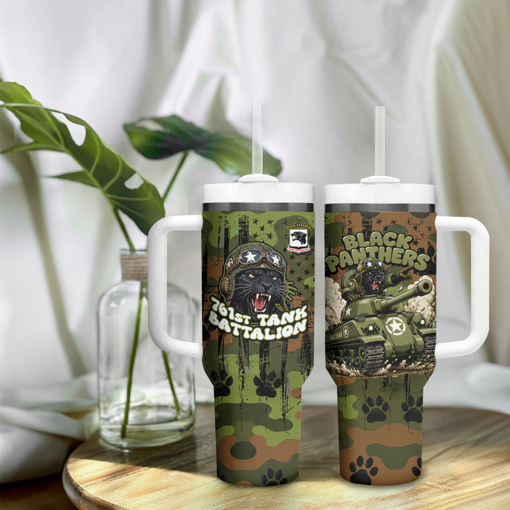 761st Tank Battalion African American Tumbler With Handle Black Panthers Cartoon Mascot - Military History Camouflage Paw