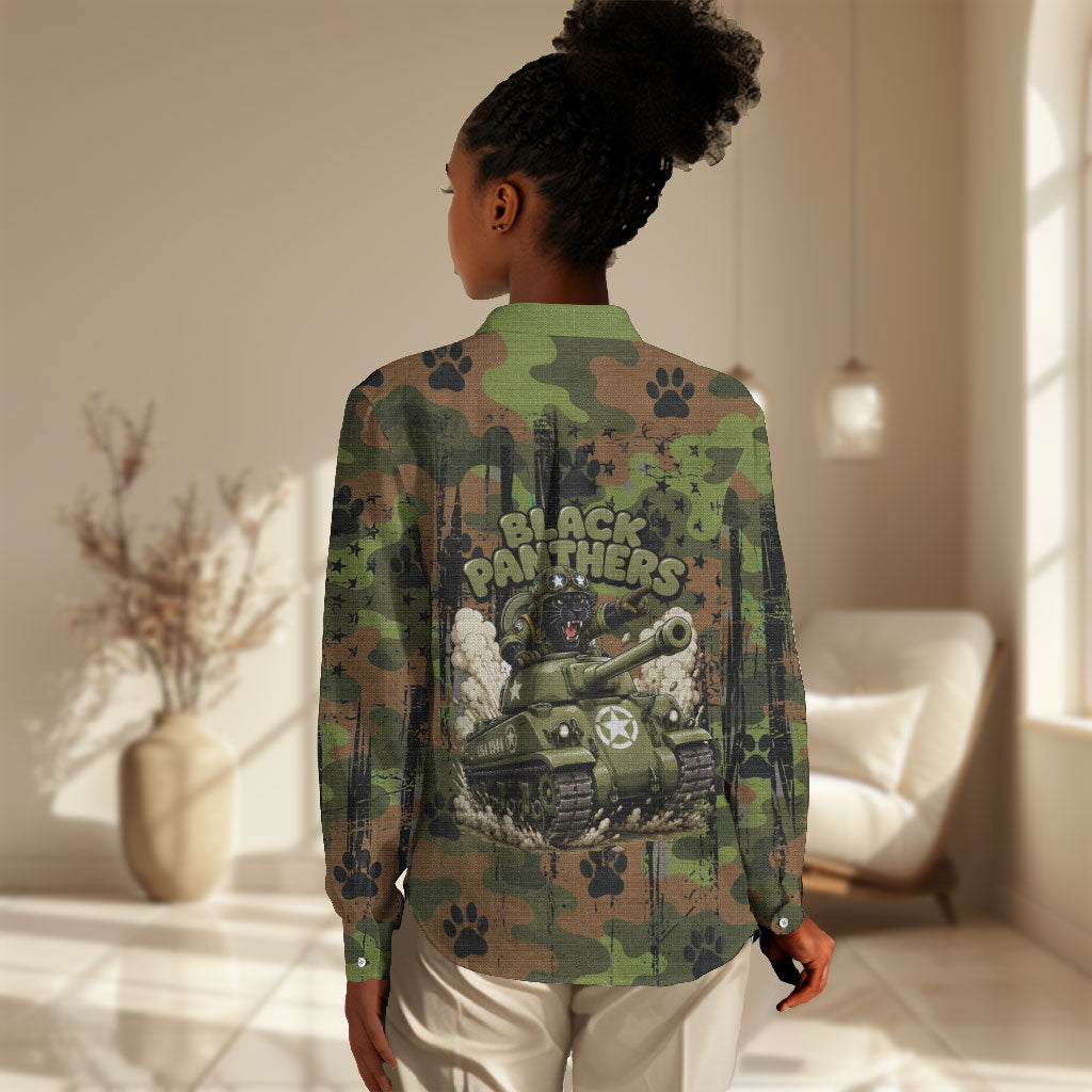 761st Tank Battalion African American Women Casual Shirt Black Panthers Cartoon Mascot - Military History Camouflage Paw