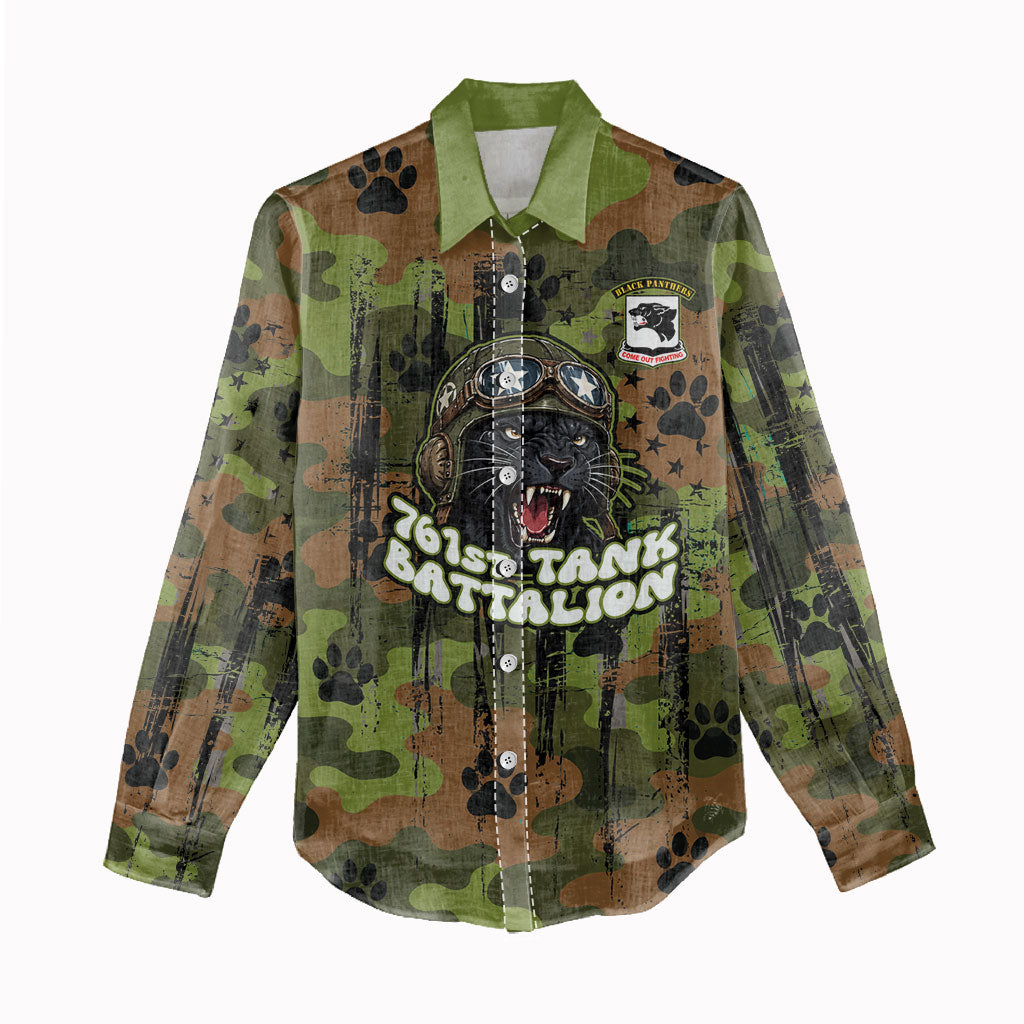 761st Tank Battalion African American Women Casual Shirt Black Panthers Cartoon Mascot - Military History Camouflage Paw