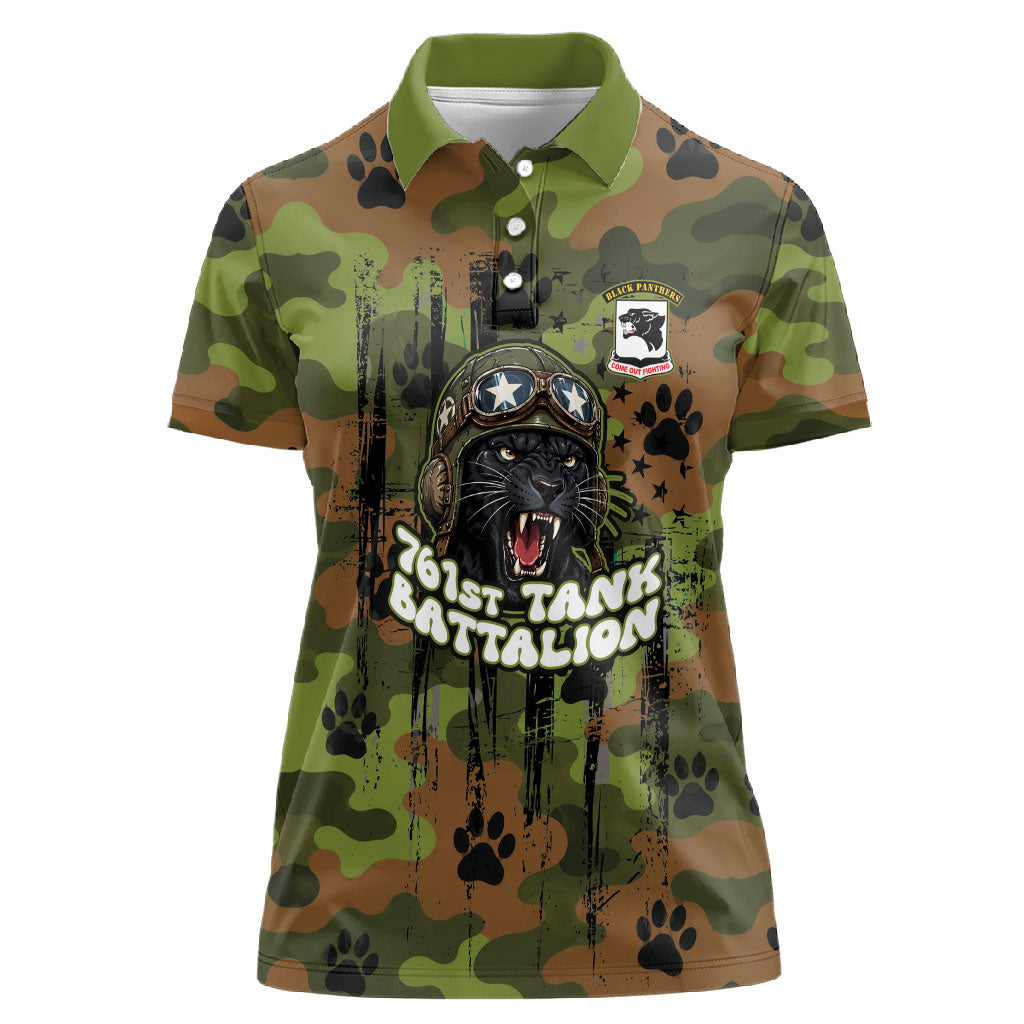 761st Tank Battalion African American Women Polo Shirt Black Panthers Cartoon Mascot - Military History Camouflage Paw