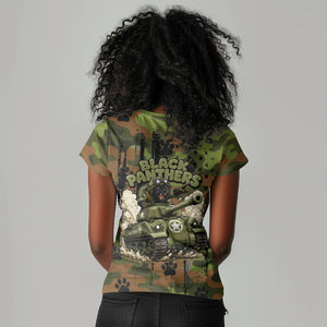 761st Tank Battalion African American Women V-Neck T-Shirt Black Panthers Cartoon Mascot - Military History Camouflage Paw