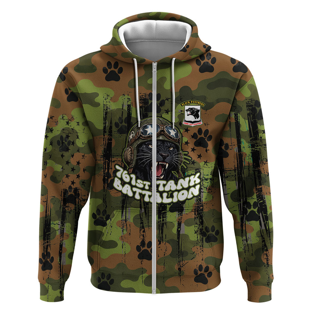 761st Tank Battalion African American Zip Hoodie Black Panthers Cartoon Mascot - Military History Camouflage Paw