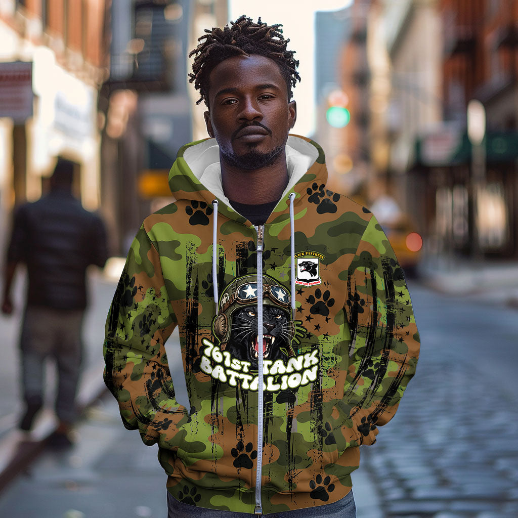 761st Tank Battalion African American Zip Hoodie Black Panthers Cartoon Mascot - Military History Camouflage Paw