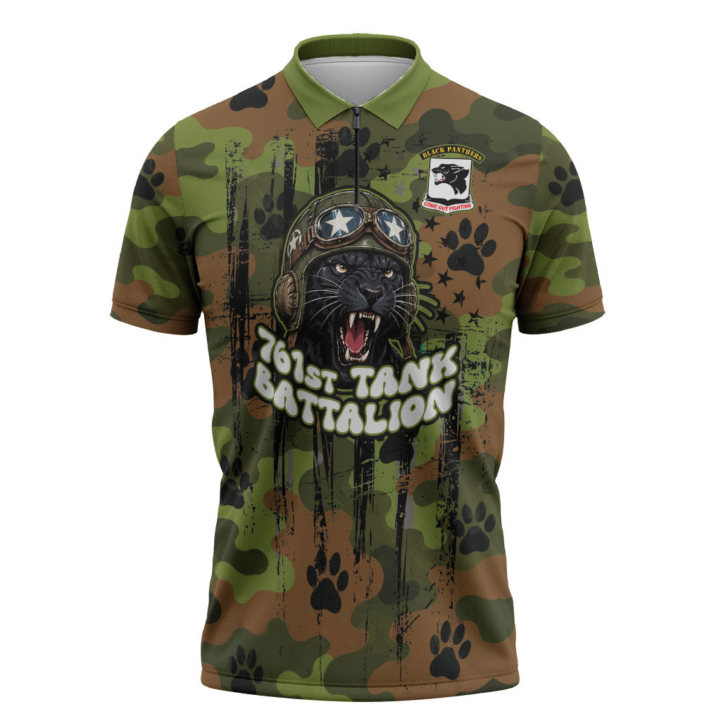 761st Tank Battalion African American Zipper Polo Shirt Black Panthers Cartoon Mascot - Military History Camouflage Paw