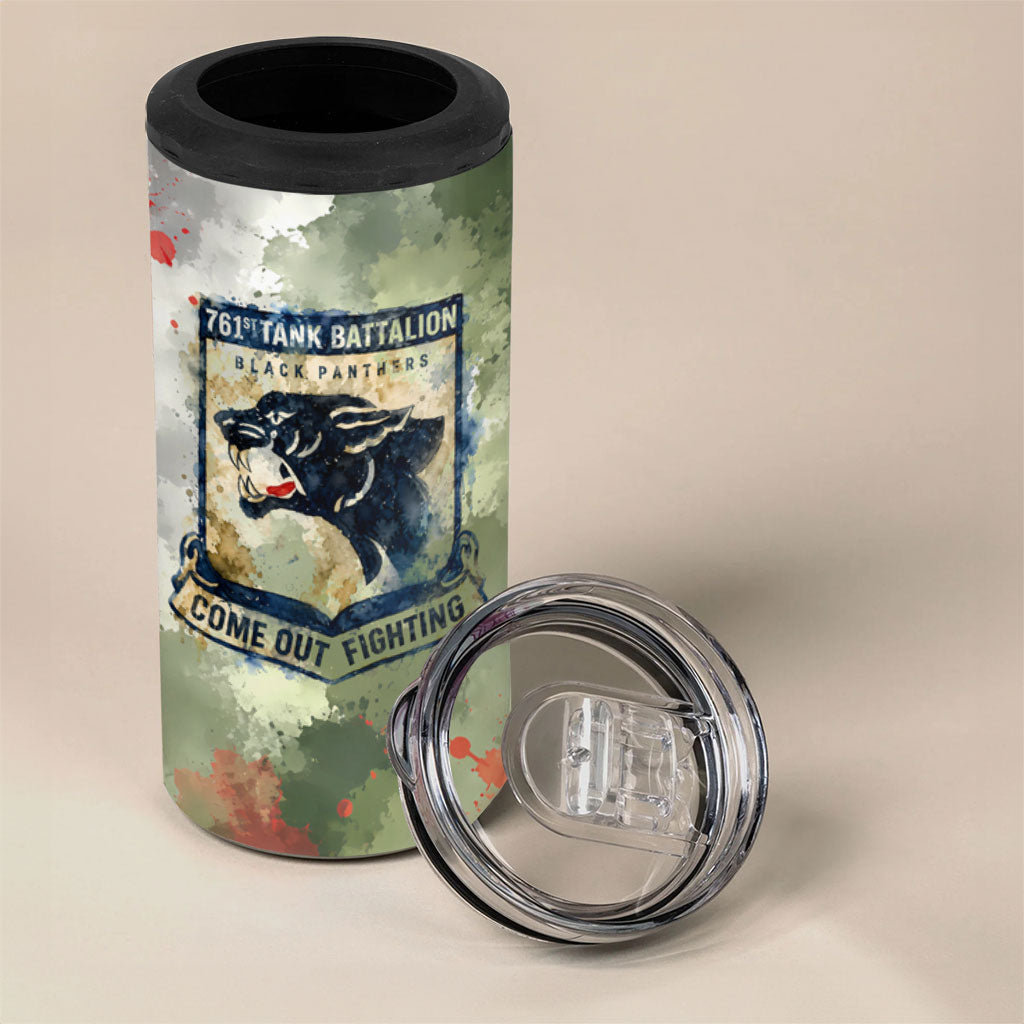 761st Tank Battalion 4 in 1 Can Cooler Tumbler Black Panthers - Come Out Fighting - Military Watercolor