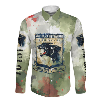 761st Tank Battalion Long Sleeve Button Shirt Black Panthers - Come Out Fighting - Military Watercolor