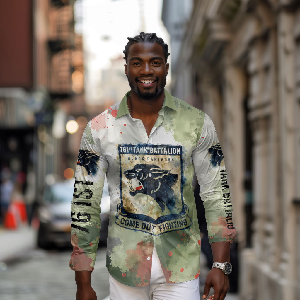 761st Tank Battalion Long Sleeve Button Shirt Black Panthers - Come Out Fighting - Military Watercolor