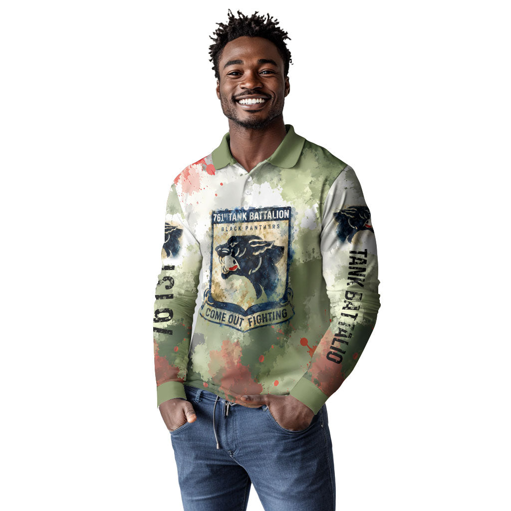761st Tank Battalion Long Sleeve Polo Shirt Black Panthers - Come Out Fighting - Military Watercolor