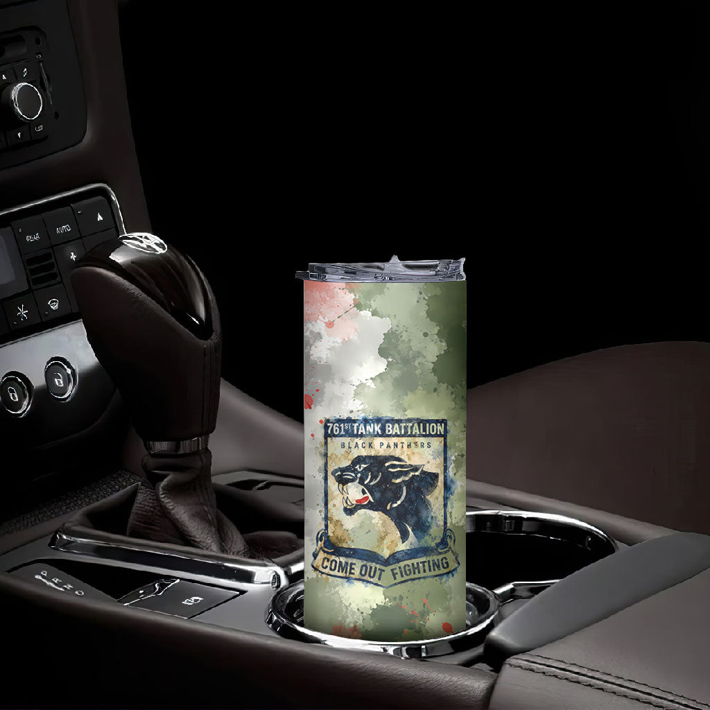 761st Tank Battalion Skinny Tumbler Black Panthers - Come Out Fighting - Military Watercolor