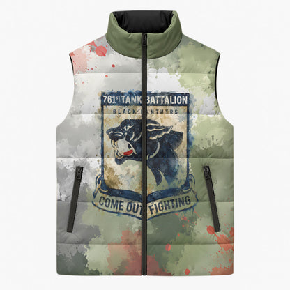 761st Tank Battalion Sleeveless Puffer Jacket Black Panthers - Come Out Fighting - Military Watercolor