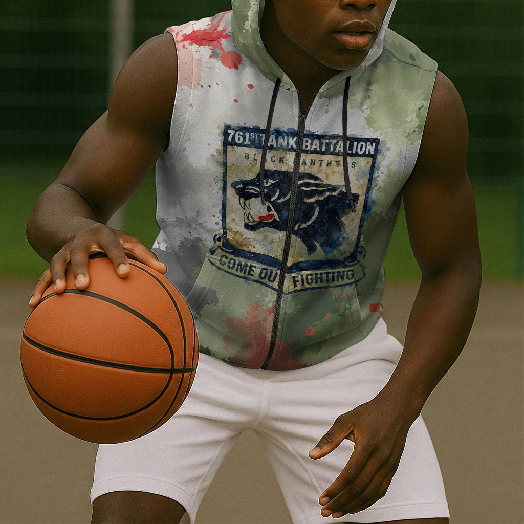 761st Tank Battalion Sleeveless Zip Hoodie Black Panthers - Come Out Fighting - Military Watercolor