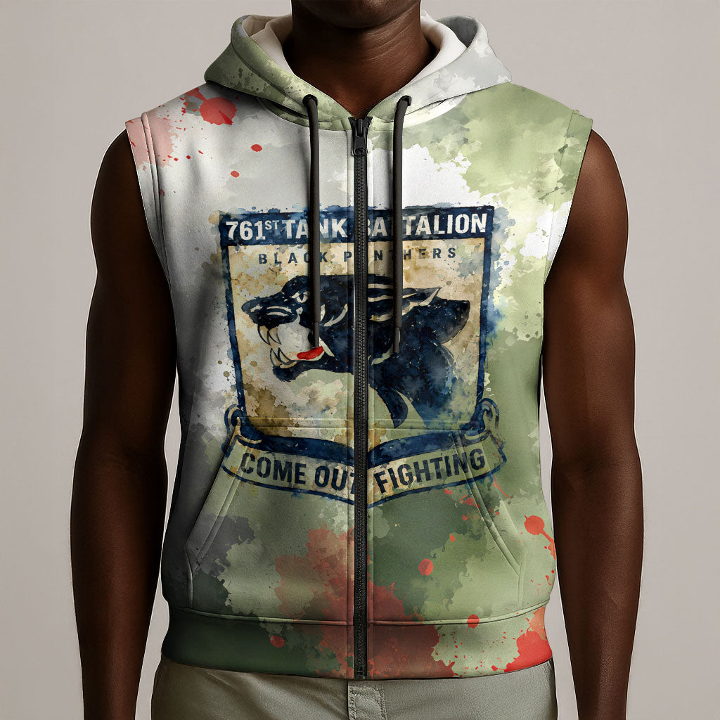 761st Tank Battalion Sleeveless Zip Hoodie Black Panthers - Come Out Fighting - Military Watercolor