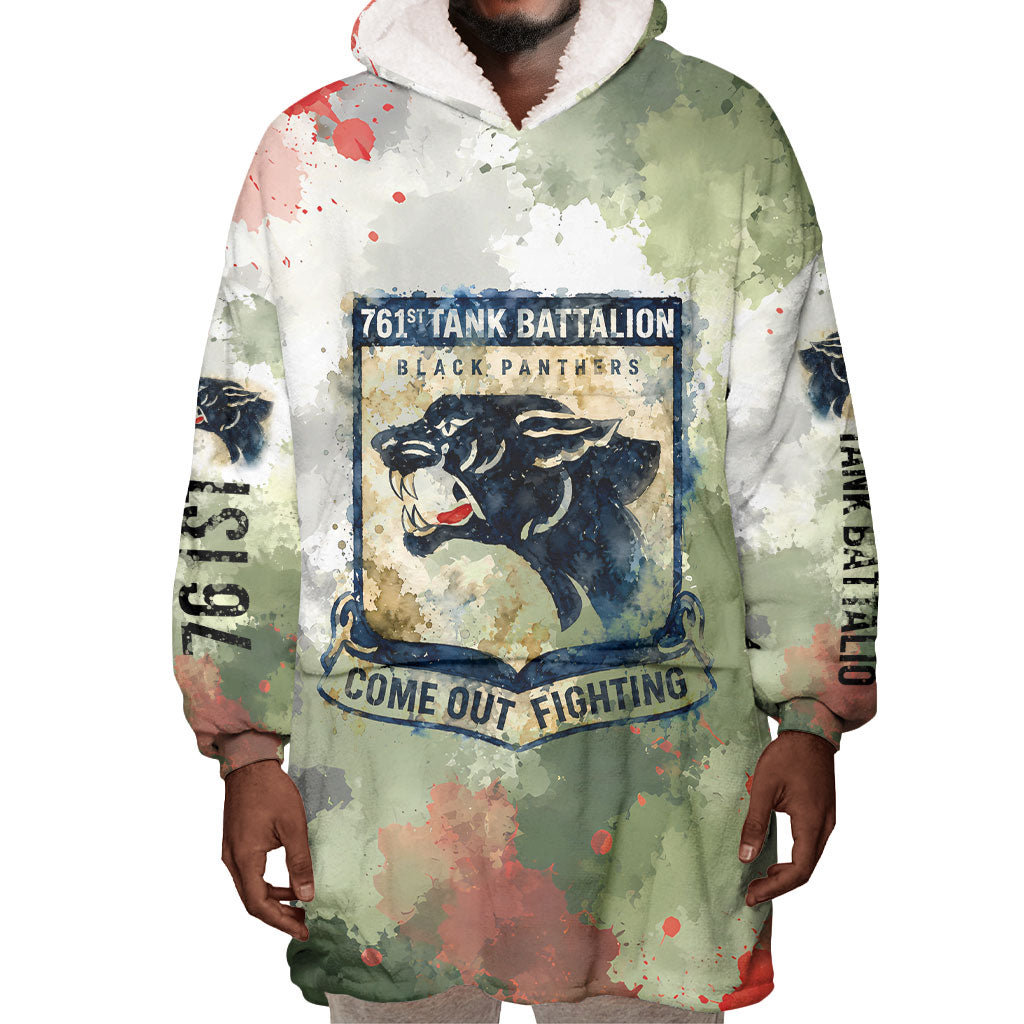 761st Tank Battalion Wearable Blanket Hoodie Black Panthers - Come Out Fighting - Military Watercolor